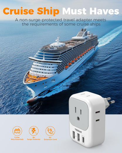 2 Pack European Plug Adapter USB C, TESSAN US to Europe Adapter 4 Outlets 3 USB Charger, Type C International Power Adaptor to Italy Spain France Portugal Iceland Germany, Europe Travel Essentials