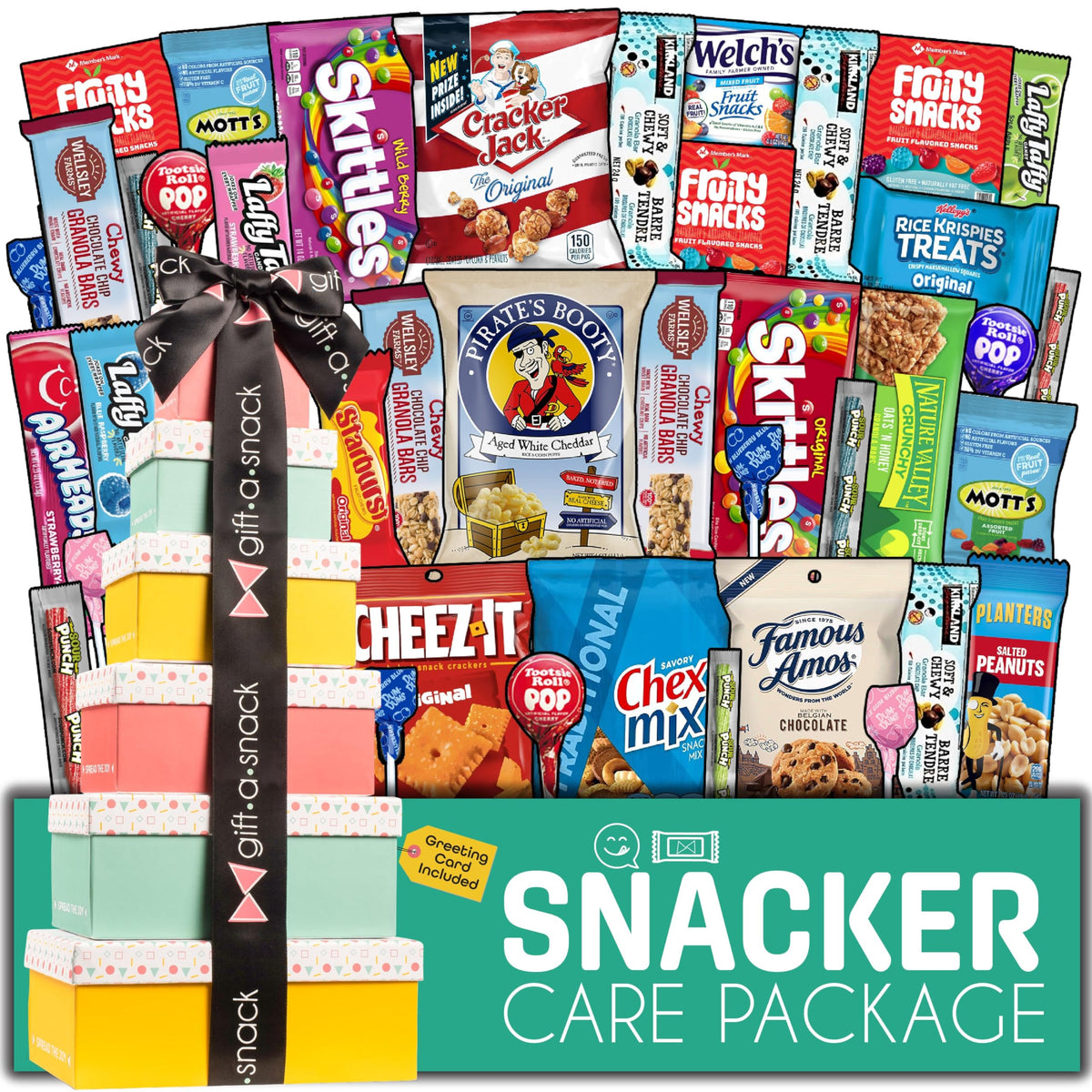 Gift A Snack - Fathers Day Treats Snack Box Variety Pack Care Package + Greeting Card (40 Count) Birthday Sweet Treats Gift Basket, Candies Chips Crackers Bars Office Food Assortments & Variety Gifts