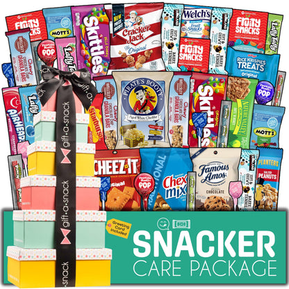 Gift A Snack - Fathers Day Treats Snack Box Variety Pack Care Package + Greeting Card (40 Count) Birthday Sweet Treats Gift Basket, Candies Chips Crackers Bars Office Food Assortments & Variety Gifts