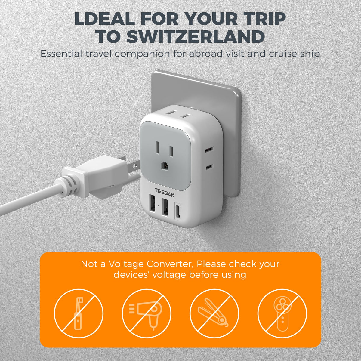 2 Pack European Plug Adapter USB C, TESSAN US to Europe Adapter 4 Outlets 3 USB Charger, Type C International Power Adaptor to Italy Spain France Portugal Iceland Germany, Europe Travel Essentials