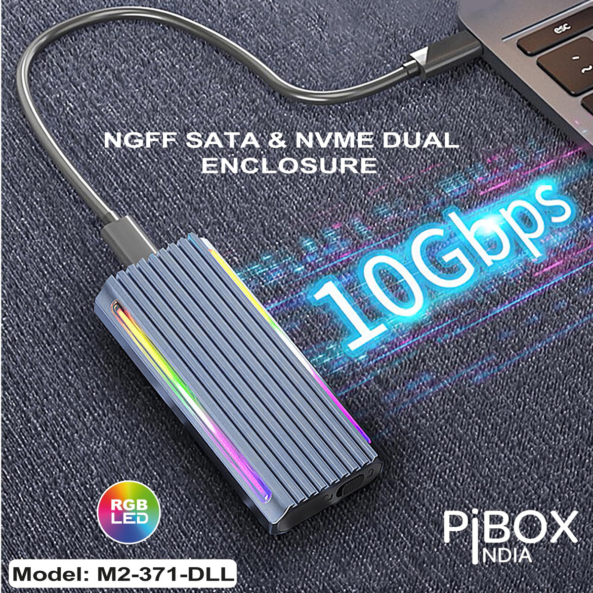 PiBOX India NVMe M2 Enclosure - Dual Protocol USB 3.2 Tool-Free Case, PCI-E Reader, USB-C, M & B+M Keys, 2230/2242/2260/2280 SSDs