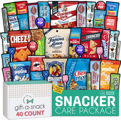 Gift A Snack - Fathers Day Treats Snack Box Variety Pack Care Package + Greeting Card (40 Count) Birthday Sweet Treats Gift Basket, Candies Chips Crackers Bars Office Food Assortments & Variety Gifts