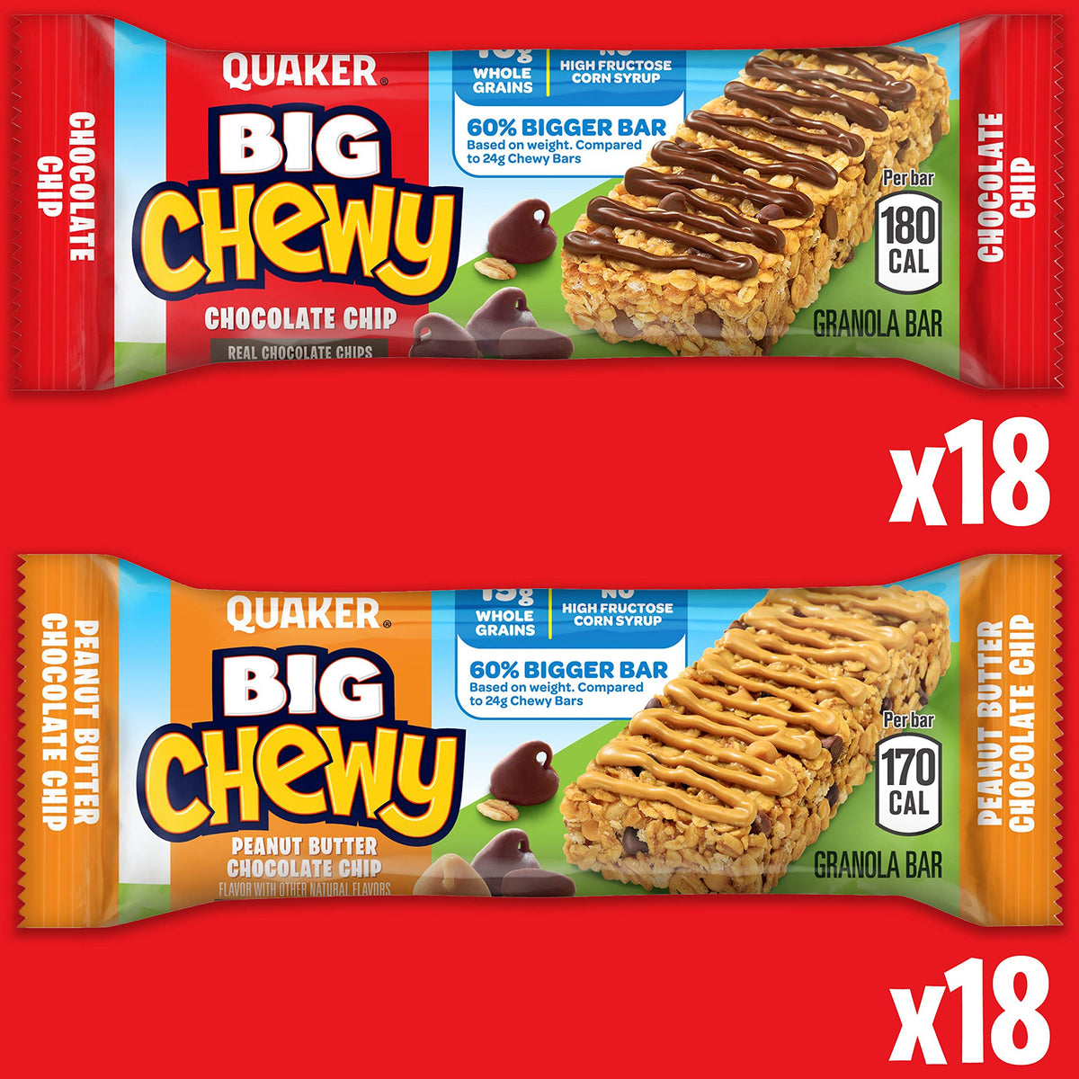 Quaker Chewy Granola Bars, Chewy & Dipps Variety Pack, (58 Bars), Whole Grains, No Artificial Flavors, No Added Colors