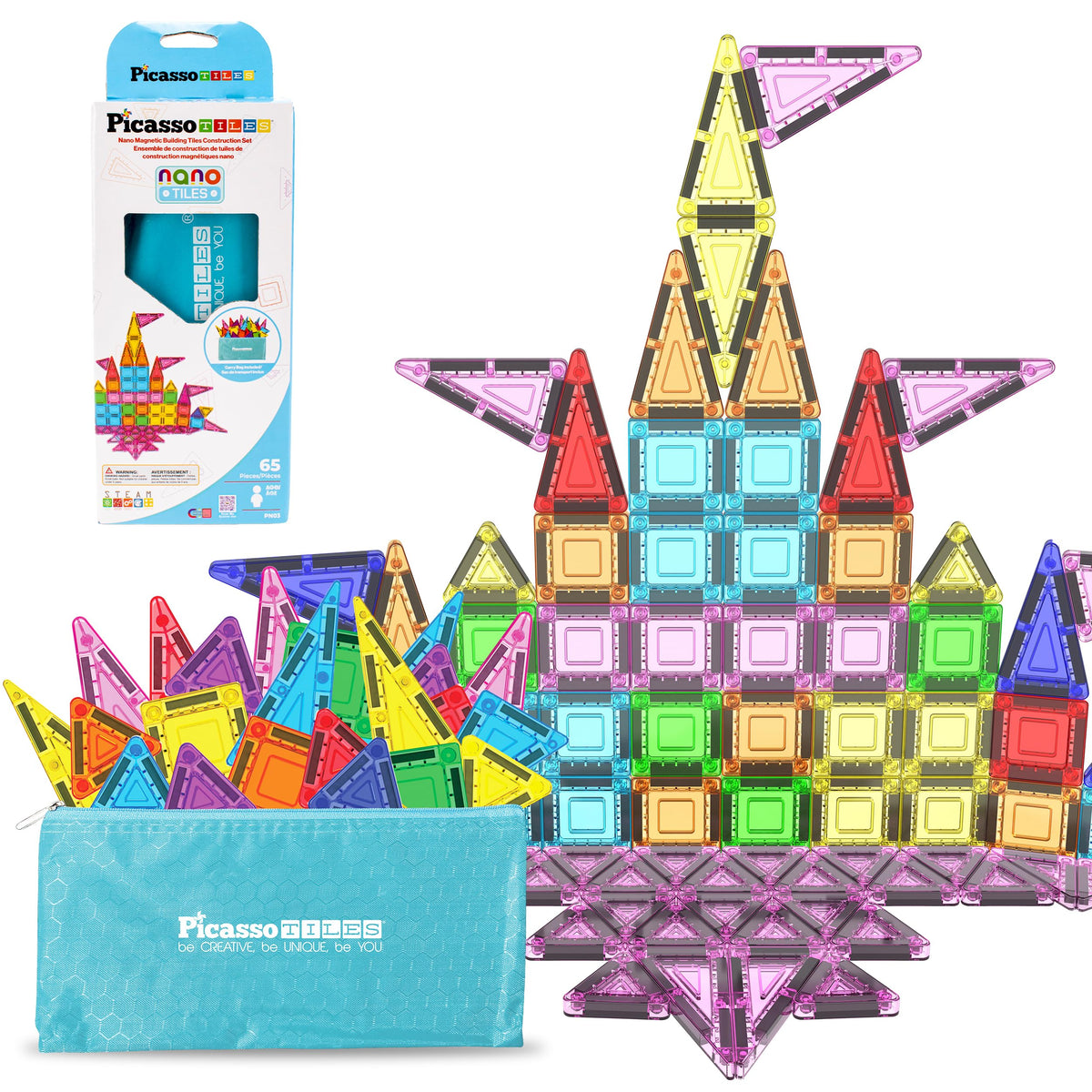 PicassoTiles 60 Piece Set 60pcs Magnet Building Tiles Clear Magnetic 3D Blocks Construction Playboards - Creativity Beyond Imagination, Inspirational, Recreational, Educational, Conventional