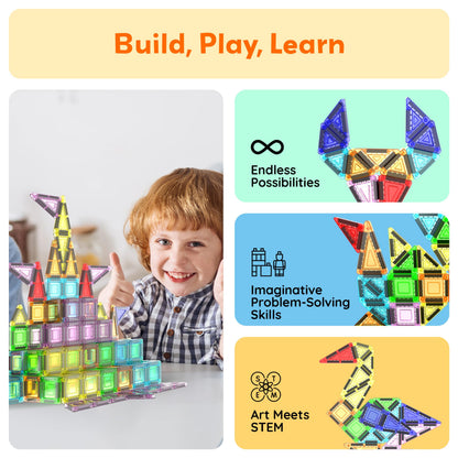 PicassoTiles 60 Piece Set 60pcs Magnet Building Tiles Clear Magnetic 3D Blocks Construction Playboards - Creativity Beyond Imagination, Inspirational, Recreational, Educational, Conventional