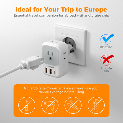 2 Pack European Plug Adapter USB C, TESSAN US to Europe Adapter 4 Outlets 3 USB Charger, Type C International Power Adaptor to Italy Spain France Portugal Iceland Germany, Europe Travel Essentials