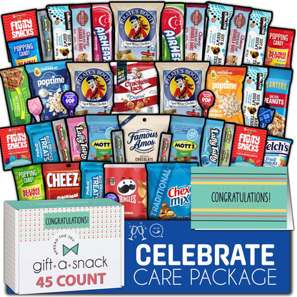 Gift A Snack - Fathers Day Treats Snack Box Variety Pack Care Package + Greeting Card (40 Count) Birthday Sweet Treats Gift Basket, Candies Chips Crackers Bars Office Food Assortments & Variety Gifts